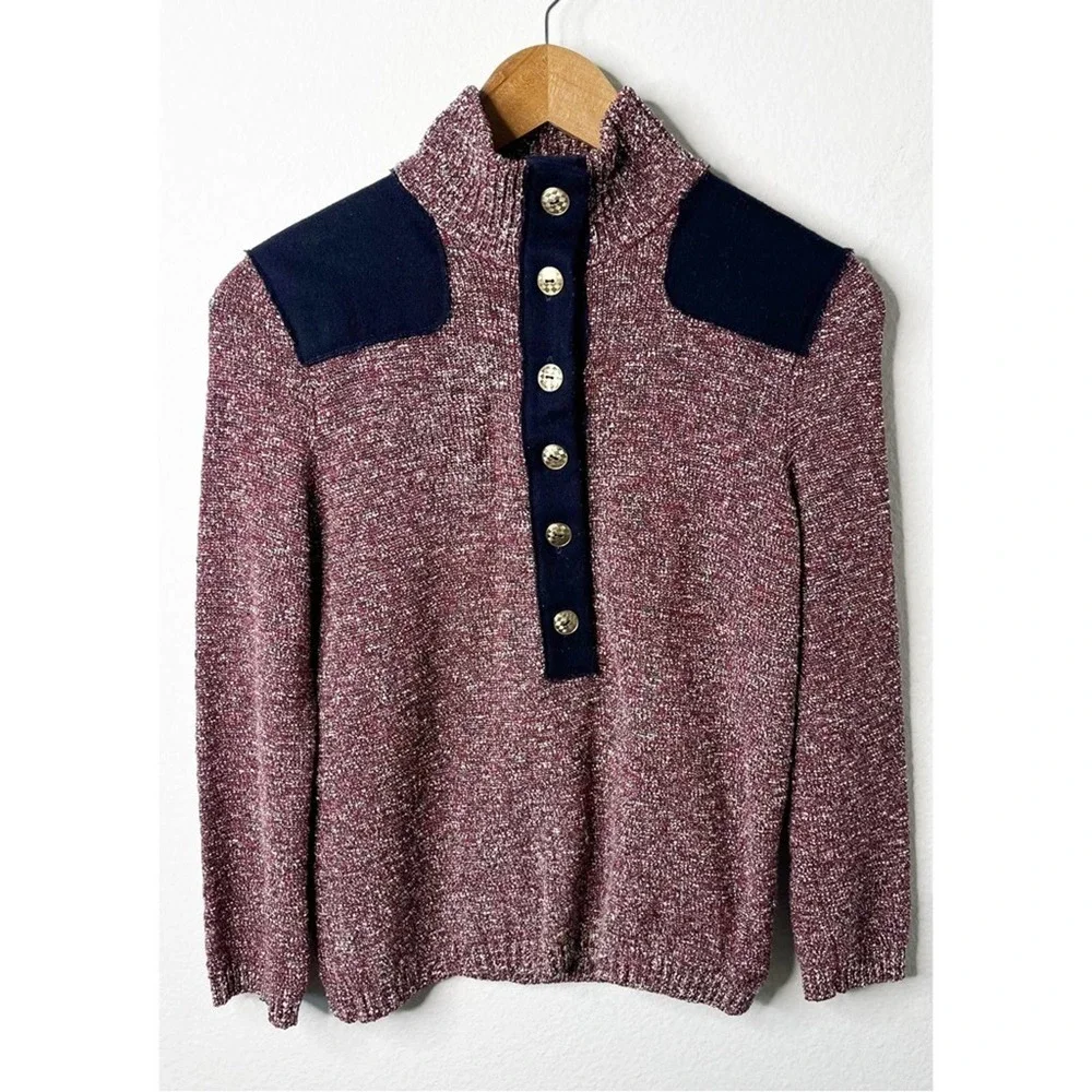 Tory Burch Burgundy Tweed Mock Neck Button Front Pullover Sweater